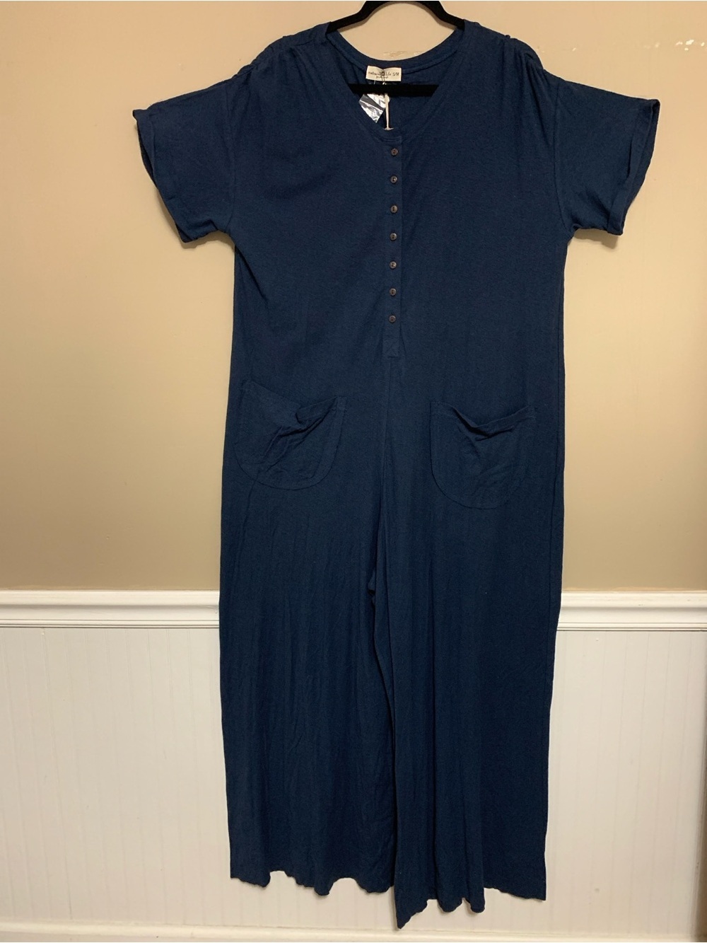 NWT Natural Life Women’s Navy S/M Button-Front Jumpsuit Lagenlook Linen Blend